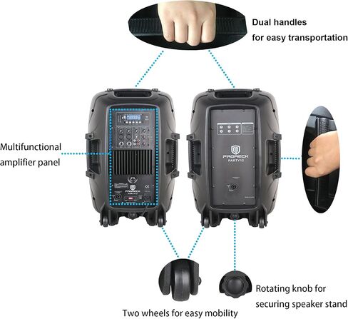 PRORECK PARTY 12 Portable 12-Inch Woofer 2-Way Powered PA Speaker System Combo Set with Bluetooth/USB/SD Card Reader/FM Radio/Remote Control/Speaker Stand in Kuwait