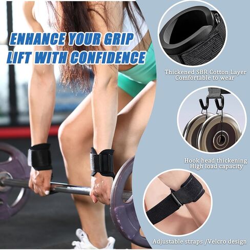 خطافات رفع الأثقال لرفع الأثقال (زوج)، أشرطة دعم معصم مضادة للانزلاق بسعة 660 رطل للرجال والنساء، لفافات معصم رياضية للسحب واللياقة البدنية وتدريبات القوة وتمارين كمال الأجسام in Kuwait