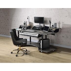 Penau 83 Inchs Music Studio Desk, Black Oak Finish, Spacious Engineered Wood Top, Metal Frame, Keyboard Tray for 61-Key, 3 Stand Storage, Smooth Casters, 83 x 40 x 37 Inchs in Saudi Arabia