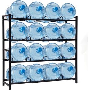 16-Tray Water Cooler Jug Rack - Heavy Duty Carbon Steel 5 Gallon Water Dispenser Jug Holder Stand With 4-Tier Organizer For Home, Office, Kitchen, Warehouse - Black in Kuwait