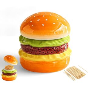Ceramic Hamburger Toothpick Holder,Cute and Fun Toothpick Dispenser with 100 Toothpicks for Home Kitchen Restaurant Table Decor Accessories, Warm and Unique Kitchen Gadgets Gifts for Burger Lovers in Saudi Arabia