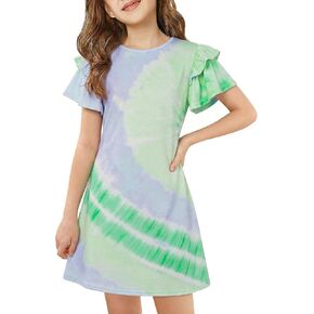 Haloumoning Girls Ruffle Sleeve Dresses Kids Summer Crewneck A Line Casual Dress 5-14 Years in Kuwait