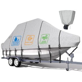 5-ply 1200D 100% Waterproof T-Top Boat Cover Solution Dyed Fade-Proof Trailerable Hard Top Boat Cover with 21 Windproof Straps, Motor Cover Fit 21'-23' Long Center Console Boat with T Top Roof in Kuwait