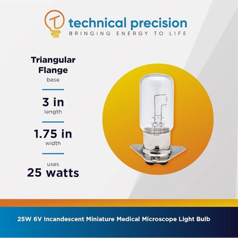 Technical Precision 25W 6V Incandescent Miniature Medical, Microscope Lamp Light Bulb Replacement for Carl Zeiss 125/16 Slit Lamp Light Bulb P47D Double Contact Base with Flange - Clear - 1 Pack in Kuwait