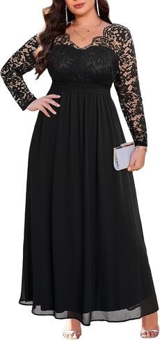 Plus Size Formal Wedding Dresses - Gowns Evening Prom Elegant V Neck Long Sleeve Lace Chiffon Long Maxi Dress in Kuwait