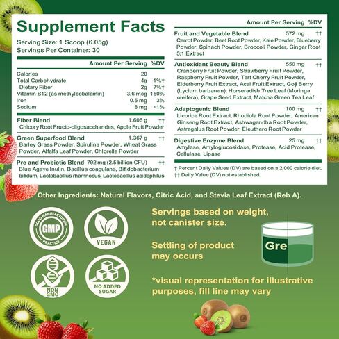 مسحوق سوبر جرينز سوبر فود، مزيج مشروب عصير الخضر مع سبيرولينا، والكلوريلا، والمواد المتكيفة والألياف، والإنزيمات الهاضمة، ومكمل ما قبل + البروبيوتيك للنساء والرجال الانتفاخ وصحة الأمعاء، 30 وجبة in Kuwait