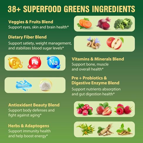 مسحوق سوبر جرينز سوبر فود، مزيج مشروب عصير الخضر مع سبيرولينا، والكلوريلا، والمواد المتكيفة والألياف، والإنزيمات الهاضمة، ومكمل ما قبل + البروبيوتيك للنساء والرجال الانتفاخ وصحة الأمعاء، 30 وجبة in Kuwait