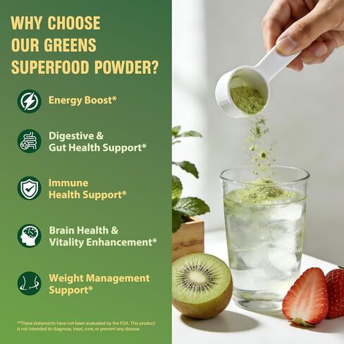 مسحوق سوبر جرينز سوبر فود، مزيج مشروب عصير الخضر مع سبيرولينا، والكلوريلا، والمواد المتكيفة والألياف، والإنزيمات الهاضمة، ومكمل ما قبل + البروبيوتيك للنساء والرجال الانتفاخ وصحة الأمعاء، 30 وجبة in Kuwait