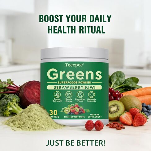مسحوق سوبر جرينز سوبر فود، مزيج مشروب عصير الخضر مع سبيرولينا، والكلوريلا، والمواد المتكيفة والألياف، والإنزيمات الهاضمة، ومكمل ما قبل + البروبيوتيك للنساء والرجال الانتفاخ وصحة الأمعاء، 30 وجبة in Kuwait