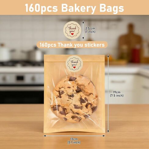 160 عبوة من أكياس البسكويت للتغليف بختم، أكياس مخبز مقاس 7.5 × 5.1 بوصة مع نافذة، أكياس دونات مقاومة للدهون لتتناسب مع المكافآت والسكون والبراوني والوجبات الخفيفة in Kuwait