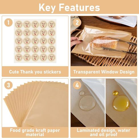 160 عبوة من أكياس البسكويت للتغليف بختم، أكياس مخبز مقاس 7.5 × 5.1 بوصة مع نافذة، أكياس دونات مقاومة للدهون لتتناسب مع المكافآت والسكون والبراوني والوجبات الخفيفة in Kuwait