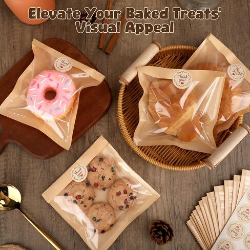 110 قطعة من أكياس البسكويت الفردية مع ختم، أكياس مخبز مقاس 5.7 × 6.5 بوصة مع نافذة، مستلزمات تغليف البسكويت الورقية، تغليف السلع المخبوزة المقاومة للحرارة والشحوم لعلاج كعكة المعجنات براوني in Kuwait