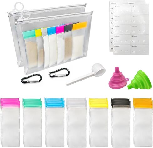 14PCS Protein Powder Travel Container Set, Reusable Powder Supplement Container To Go Reusable Protein Powder Bags and 2pc Large Standable Zip Bags for Workout, Fitness, Travel in Kuwait