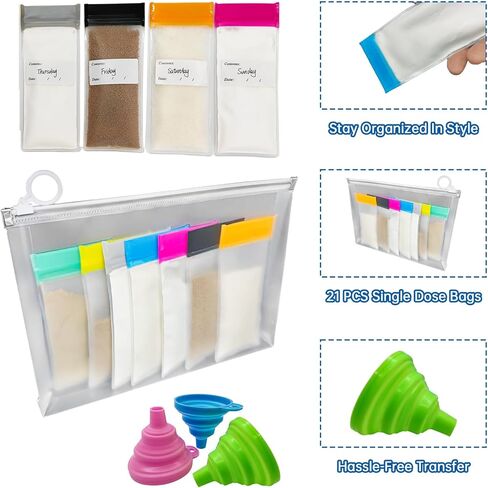 14PCS Protein Powder Travel Container Set, Reusable Powder Supplement Container To Go Reusable Protein Powder Bags and 2pc Large Standable Zip Bags for Workout, Fitness, Travel in Kuwait