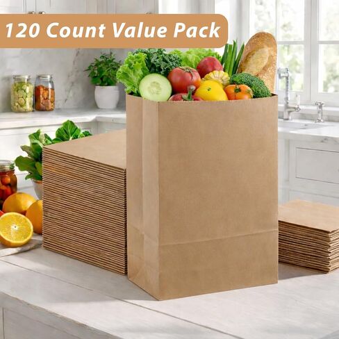 120 قطعة من أكياس البقالة الورقية البنية مقاس 12 × 7 × 17 بوصة - أكياس ورق كرافت كبيرة شديدة التحمل بوزن 57 رطل، صديقة للبيئة للتخزين والتسوق والخروج | 57 رطل in Kuwait