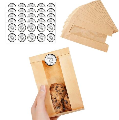 Small Kraft Brown Paper Cookie Bags with Window and Stickers,4.7x2.0x8.2 Inches, 50 Pack, for Coffee Bean, Snacks, Cupcakes, Party Favors (50) in Kuwait