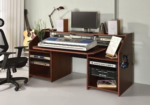 Penau Music Production Desk for Studio, Rectangular Engineered Wood Recording Workstation with Cable Management, Earphone Rack and Open Storage, Cherry Finish, 71 Inchs x 26 Inchs x 36 Inchs in Saudi Arabia