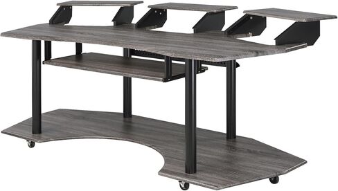 Penau 83 Inchs Music Studio Desk, Black Oak Finish, Spacious Engineered Wood Top, Metal Frame, Keyboard Tray for 61-Key, 3 Stand Storage, Smooth Casters, 83 x 40 x 37 Inchs in Saudi Arabia