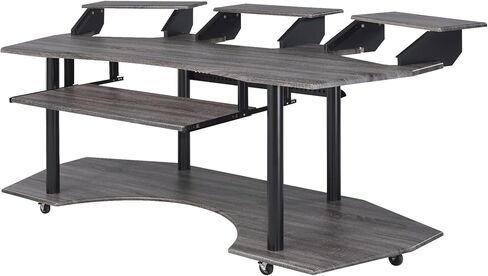 Penau 83 Inchs Music Studio Desk, Black Oak Finish, Spacious Engineered Wood Top, Metal Frame, Keyboard Tray for 61-Key, 3 Stand Storage, Smooth Casters, 83 x 40 x 37 Inchs in Saudi Arabia