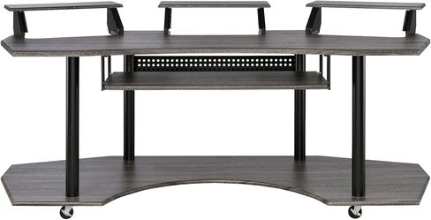 Penau 83 Inchs Music Studio Desk, Black Oak Finish, Spacious Engineered Wood Top, Metal Frame, Keyboard Tray for 61-Key, 3 Stand Storage, Smooth Casters, 83 x 40 x 37 Inchs in Saudi Arabia