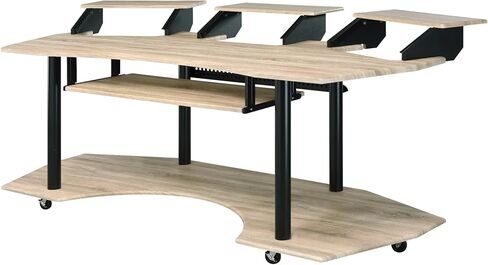Penau Natural Oak Finish Music Recording Studio Desk, Producer Workstation with Keyboard Tray and Monitor Shelf, Metal Frame, Smooth Casters, 83 x 40 x 37 Inchs in Saudi Arabia
