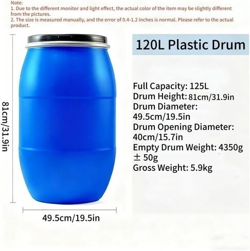 120l Large-Capacity Blue Plastic Storage Barrel with Lid, Versatile Wide-Mouth Drum for Home, Garage, Farm, and Industrial Use in Saudi Arabia