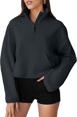 Womens Cropped Half Zip Sweatshirt, Mock Neck Modal Blend Quarter Zip Pullover, Casual Athleisure Top Long Sleeve in Saudi Arabia