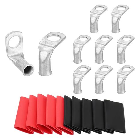MECCANIXITY 10pcs 8 Awg 90° Bent Copper Lugs Battery Cable Ends, 8 Gauge 5/16" Stud Battery Lugs Ring Terminal Connectors with 10pcs 3:1 Black & Red Heat Shrink Tubing,Silver in Saudi Arabia