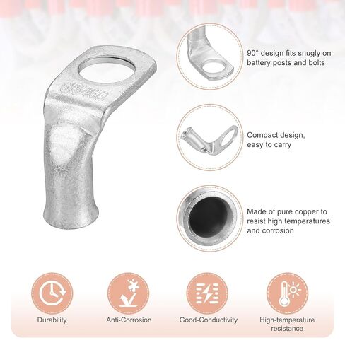 MECCANIXITY 10pcs 8 Awg 90° Bent Copper Lugs Battery Cable Ends, 8 Gauge 5/16" Stud Battery Lugs Ring Terminal Connectors with 10pcs 3:1 Black & Red Heat Shrink Tubing,Silver in Saudi Arabia