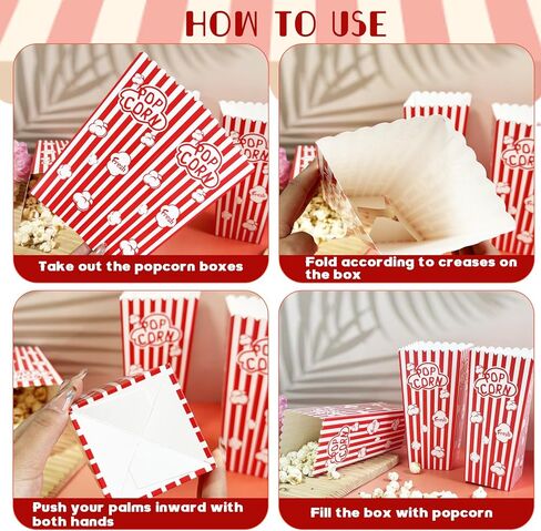 Ysglory 100Pcs Popcorn Boxes Containers 46 Oz Paper Popcorn Buckets Red and White Striped Open-Top Cardboard Pop Corn Bowls Individual Servings Bags for Party Movie Night in Saudi Arabia