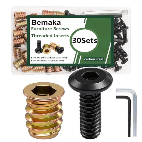 60PCS Threaded Inserts for Wood, 1/4-20 x 3/4" Furniture Screw, Screw-in Nuts 1/4-20 x 19/32" Furniture Bolts Fastener Connector Hex Socket Drive with Two Hex Wrenches (30 Sets) in Saudi Arabia
