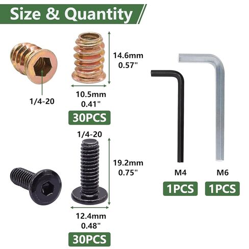 60PCS Threaded Inserts for Wood, 1/4-20 x 3/4" Furniture Screw, Screw-in Nuts 1/4-20 x 19/32" Furniture Bolts Fastener Connector Hex Socket Drive with Two Hex Wrenches (30 Sets) in Saudi Arabia