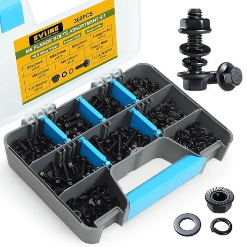 M6-1.0 Bolt Flange Hex Bolt Assortment,360Pcs Metric Bolts and Nuts Kit Serrated Flange Nuts Washers,10.9 Alloy Steel Black Zinc Plated (M6x12/16/20/25/30mm) in Kuwait