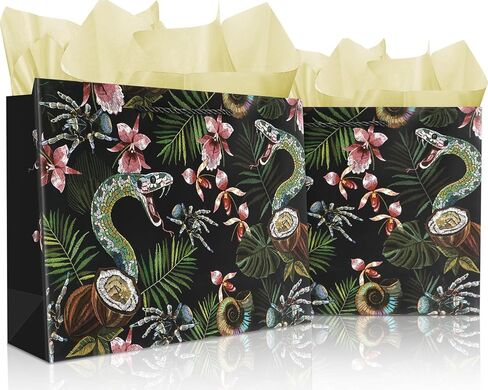 Elivida 13" Gift Bag with Handle incl. Matching Tissue Paper, Card & Sticker,Reusable Flowers and Birds Design Gift Bags Use for Presents of Any Birthday,Mother's Day& Special Occasion (2Pc Green) in Kuwait