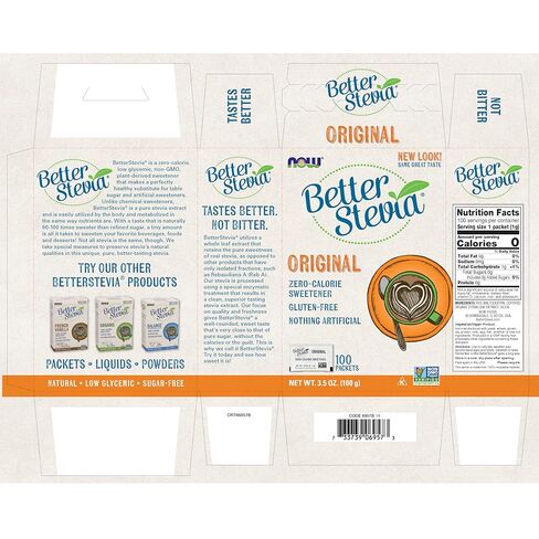 الآن أطعمة BetterStevia عبوات التحلية المحببة الخالية من السعرات الحرارية، صديقة للكيتو، مناسبة لمرضى السكر، بدون إريثريتول، 100 عبوة in Saudi Arabia
