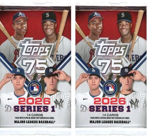 2PACK - 2026 Topps Series 1 Baseball Exclusive Factory Sealed MEGA Foil Pack with (14) Mint Cards! Celebrate Topps 75th Anniversary! in Saudi Arabia