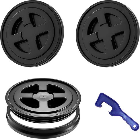 3-Pack 5 Gallon Bucket Lids (12 Inch) with 1 Lid Opener, Black Screw Leak Proof Seal Lids, Airtight Bucket Storage Container Lids for Pet Food, Pain,t Grain & Home Organization (Lids Only) in Kuwait