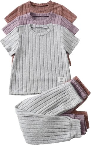 Girls 6 Pieces Knit Outfits Short Sleeve Tee Tops and Pants Clothing Set 4-12Y in Kuwait