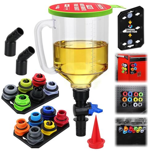 17-Piece Engine Oil Funnel Set, 1.36 qt Automotive Oil Funnel Kit with 12 Adapters, Elbow Fitting, Arrow Screen and Magnetic Storage Hooks Tray, Compatible with GM, Ford, BMW, Audi, Land Rover Etc in Kuwait