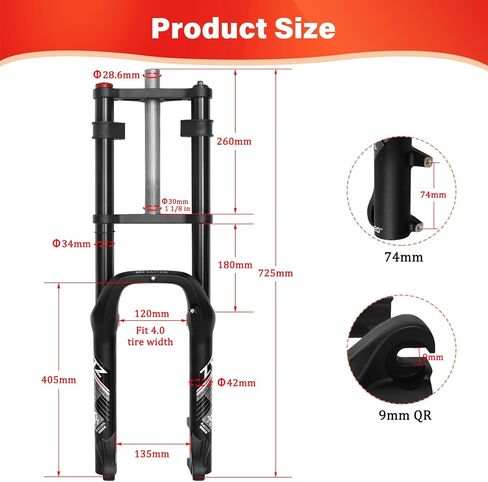 ZTZ 26 x 4.0 inch Fat Tire Oil Spring Suspension Fork - 180mm Travel, 135mm Spacing Hub, 9mm QR, Double Crown Shock Front Fork, Fit for Fat Snow Beach Ebikes in Saudi Arabia