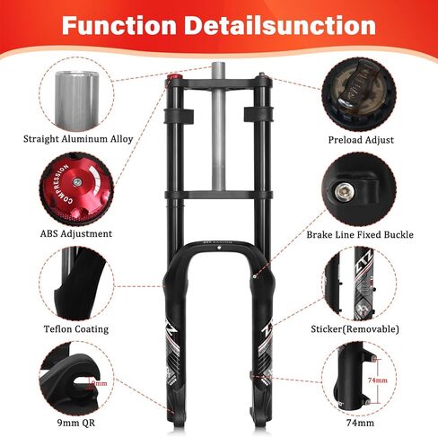 ZTZ 26 x 4.0 inch Fat Tire Oil Spring Suspension Fork - 180mm Travel, 135mm Spacing Hub, 9mm QR, Double Crown Shock Front Fork, Fit for Fat Snow Beach Ebikes in Saudi Arabia