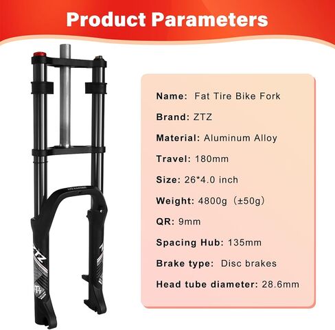 ZTZ 26 x 4.0 inch Fat Tire Oil Spring Suspension Fork - 180mm Travel, 135mm Spacing Hub, 9mm QR, Double Crown Shock Front Fork, Fit for Fat Snow Beach Ebikes in Saudi Arabia