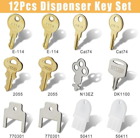 12 Pcs Paper Towel and Toilet Paper Dispenser Key Set for Waffle San Ja-mar Geo-rgia Pa-cific to-rk Kim-berly Cl-ark Bra-dley Soap Dispensers Replacement Keys Bo-Brick Cat 74 E114 Key in Kuwait