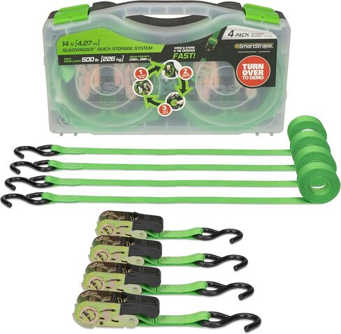 SMARTSTRAPS - 101W QuadWinder 14’ Padded Ratchet Tie Down, Green (4pk) - Patented Self-Loading Storage Case - 1,500lb Break Strength, 500lb Safe Work Load – Haul Lighter Loads Like ATV’s, Mowers and More in Kuwait