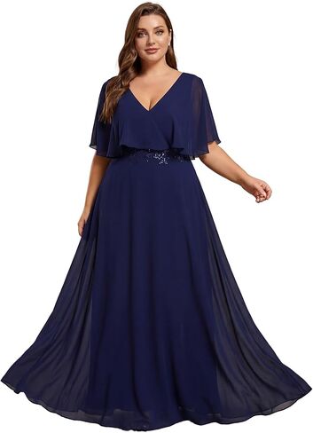 Ever-Pretty Plus Women's Ball Gown V-Neck A Line Chiffon Applique Shawl Short Sleeves Maxi Plus Size Formal Dresses 02289-DA in Kuwait