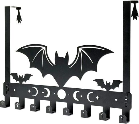 Gothic Bat Over The Door Hooks - 8-Hook Set with Moon Phase & Cross Design for Halloween Spooky Bathroom Decor | علاقة مناشف معدنية لإكسسوارات المنزل القوطي | منظم الحائط القوطي للهالوين in Kuwait