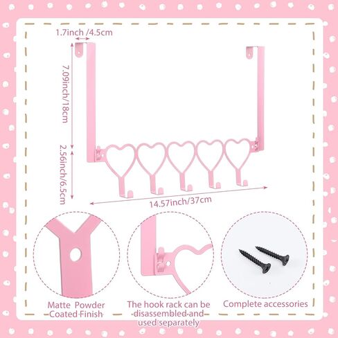 Pink Heart Over The Door Hooks Hanger Wall Mount Towel Hanger Door Holder Organizer 5 Hooks Kawaii Farmhouse Rustic Coquettish Style Decor for Bedroom Bathroom Towel Hat Clothes in Saudi Arabia