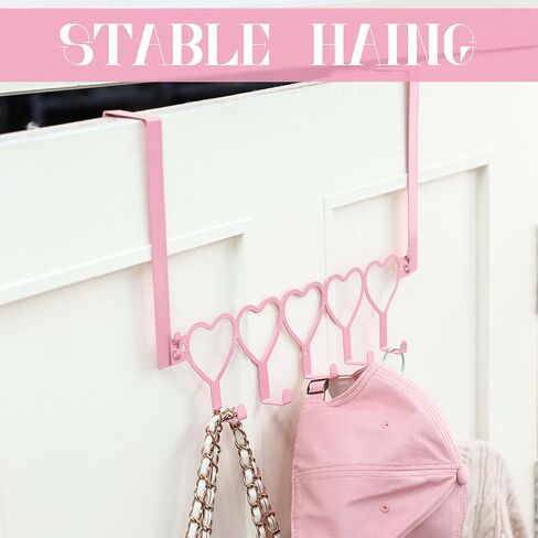 Pink Heart Over The Door Hooks Hanger Wall Mount Towel Hanger Door Holder Organizer 5 Hooks Kawaii Farmhouse Rustic Coquettish Style Decor for Bedroom Bathroom Towel Hat Clothes in Saudi Arabia