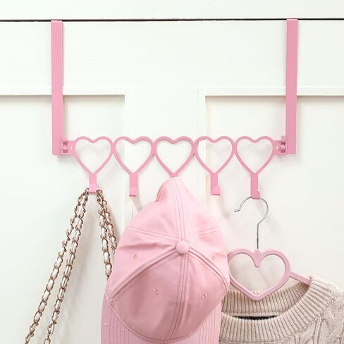 Pink Heart Over The Door Hooks Hanger Wall Mount Towel Hanger Door Holder Organizer 5 Hooks Kawaii Farmhouse Rustic Coquettish Style Decor for Bedroom Bathroom Towel Hat Clothes in Saudi Arabia