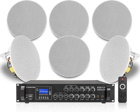 مجموعة نظام الصوت التجاري Sound Town مع مضخم صوت بلوتوث منخفض المقاومة ثلاثي المناطق، ومكبرات صوت محورية في السقف مقاس 6 × 6.5 بوصة، باللون الأبيض (STCA6130X6CS6N) in Saudi Arabia